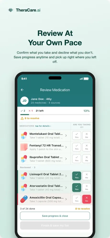 TheraCareAI app: patient confirms which medications they take