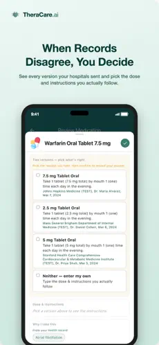 TheraCareAI app: patient picks the correct version when records disagree