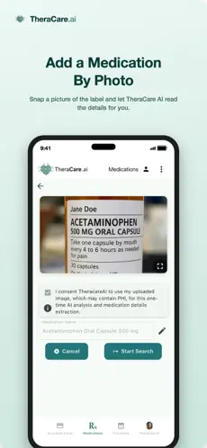 TheraCareAI app: add a medication by photographing the label